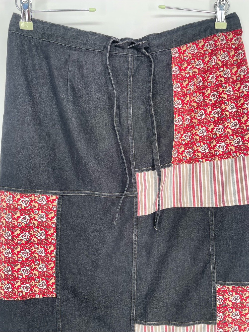 80s 90s Koos Of Course! Patchwork Denim Style Midi Skirt Elastic Waist Cotton - Picture 6 of 15